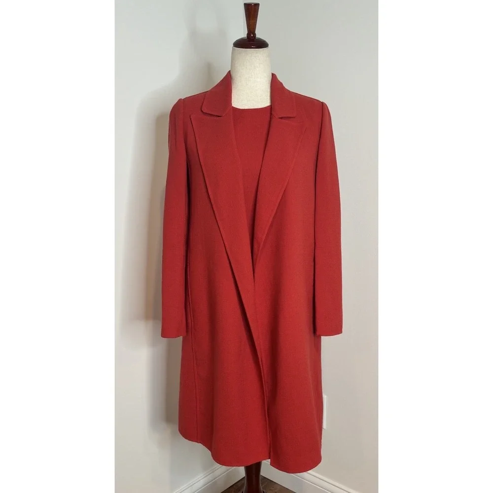 Lafayette 148 NY 2Pc Red Wool Longline Duster Coat Sz P & Sheath Dress Sz 0 Set